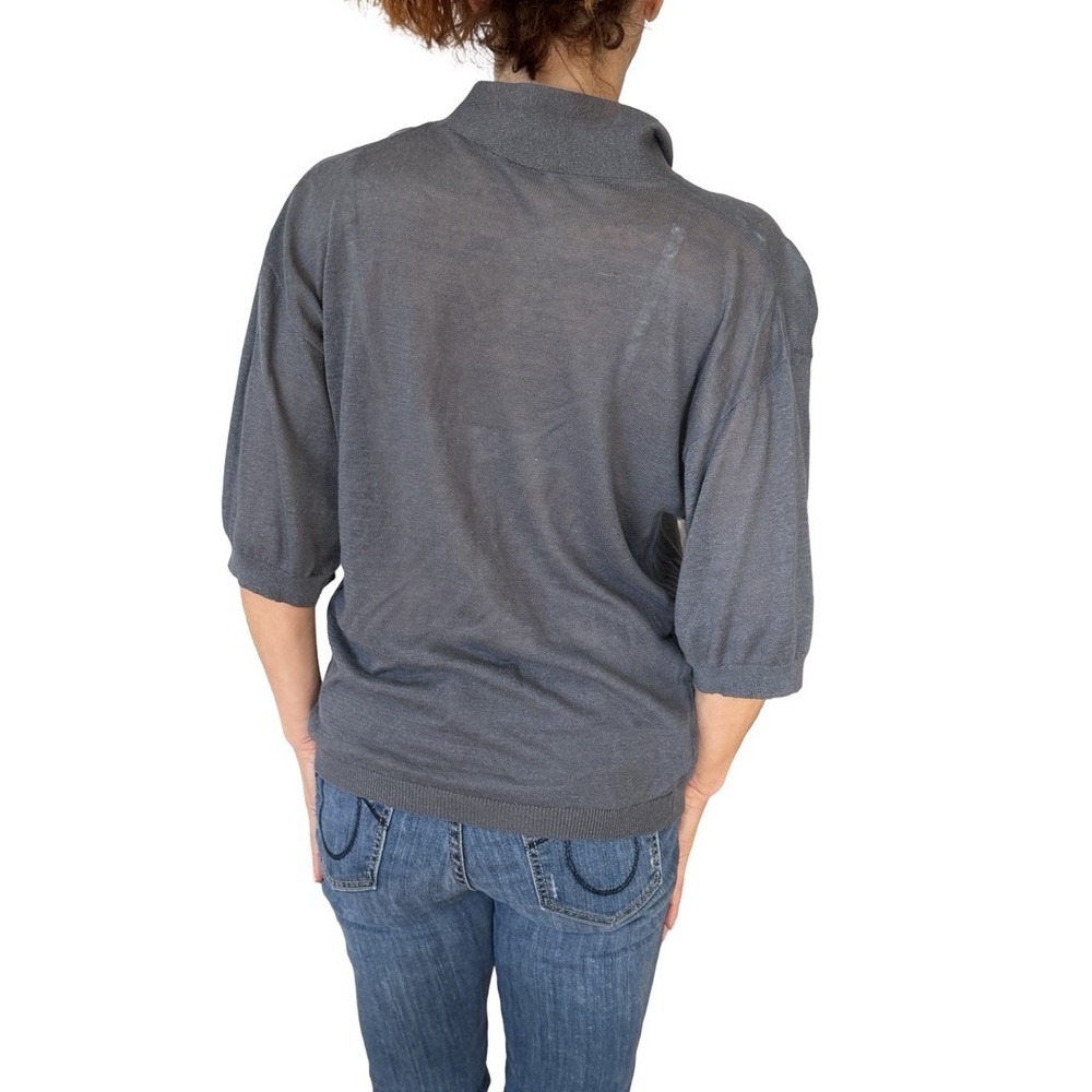 Women's Valentino Gray Linen Silk Short Sleeve Knit Sweater Top Flower Pin Small - Picture 5 of 14